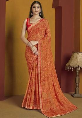 Orange Printed Blended Saree Set