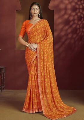 Orange Printed Blended Saree Set