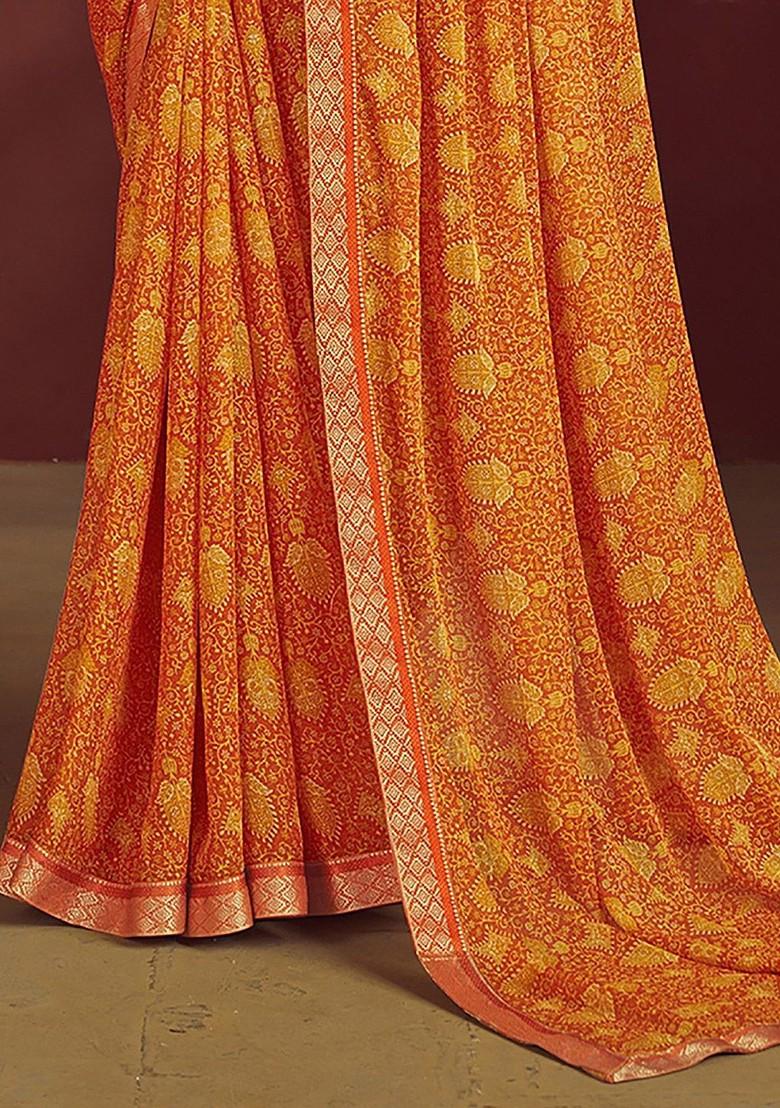 Orange Printed Blended Saree Set - Indya