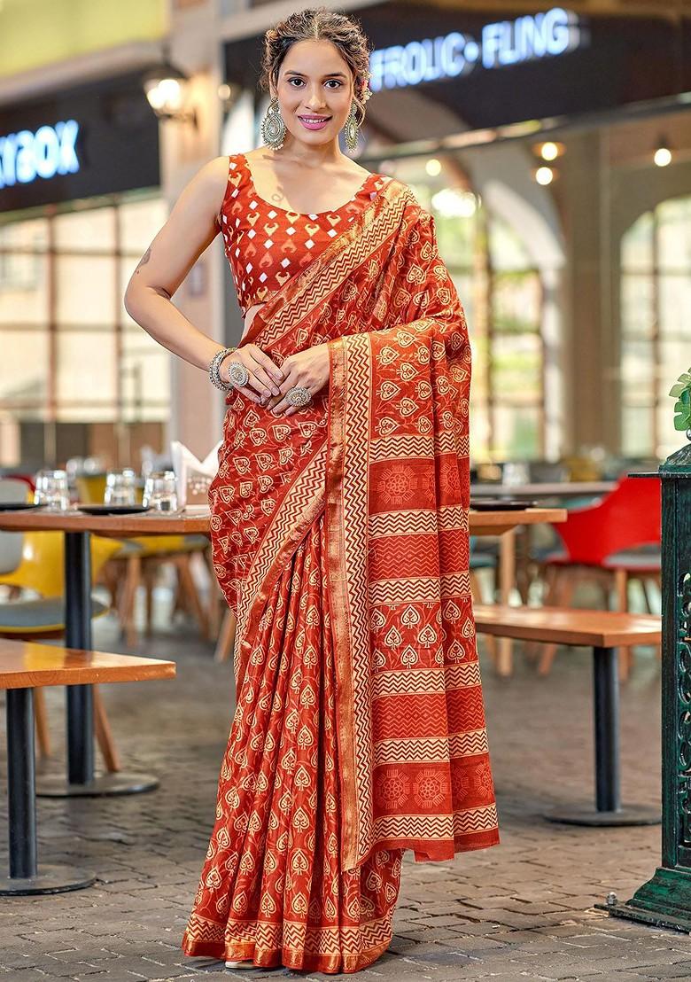 Red Zari Printed Blended Saree Set