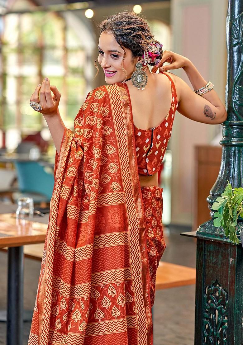Red Zari Printed Blended Saree Set
