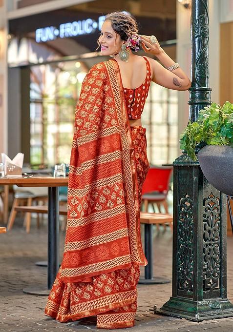 Red Zari Printed Blended Saree Set