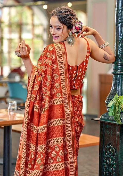 Red Zari Printed Blended Saree Set