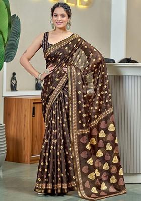 Brown Zari Printed Blended Saree Set