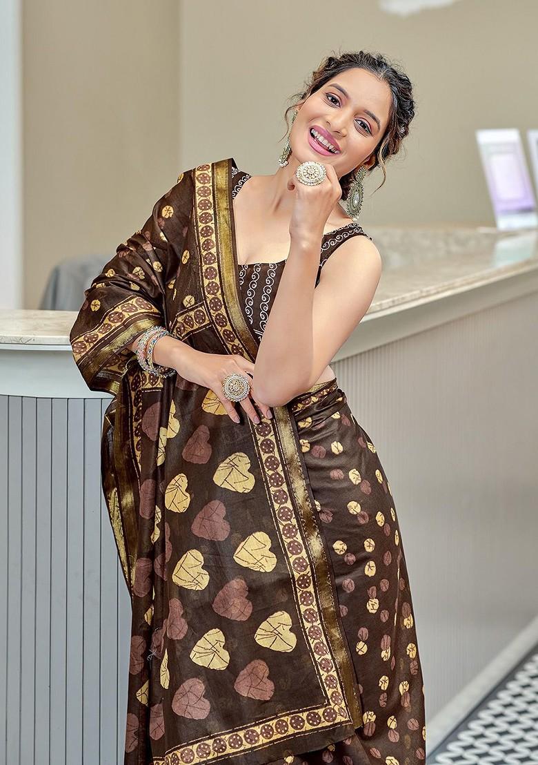 Brown Zari Printed Blended Saree Set - Indya