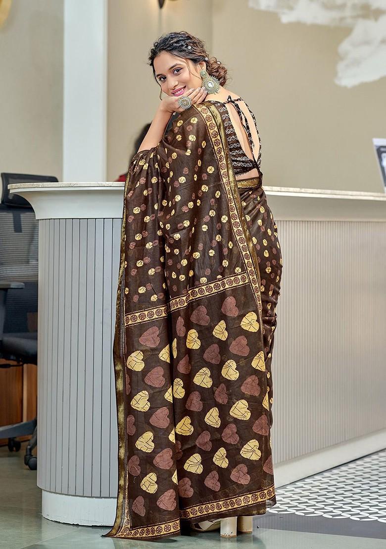 Brown Zari Printed Blended Saree Set - Indya