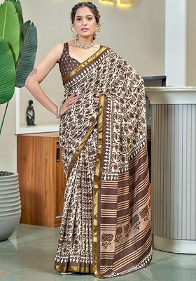 Brown Zari Printed Blended Saree Set