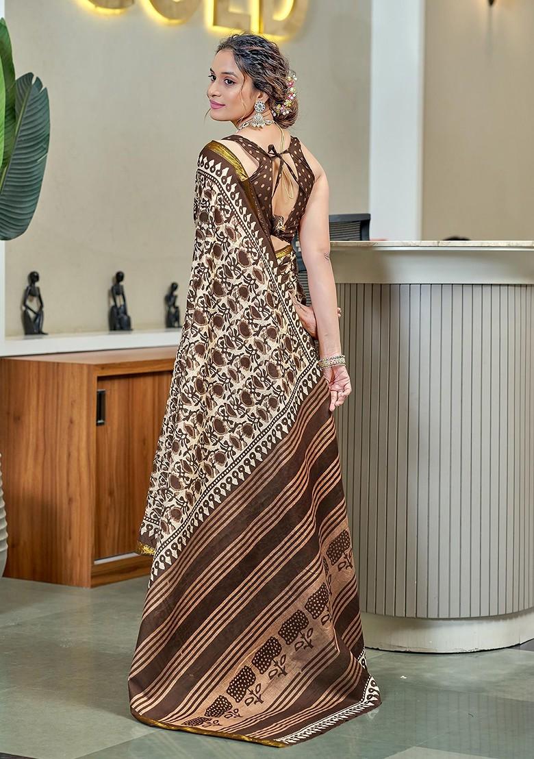 Brown Zari Printed Blended Saree Set - Indya