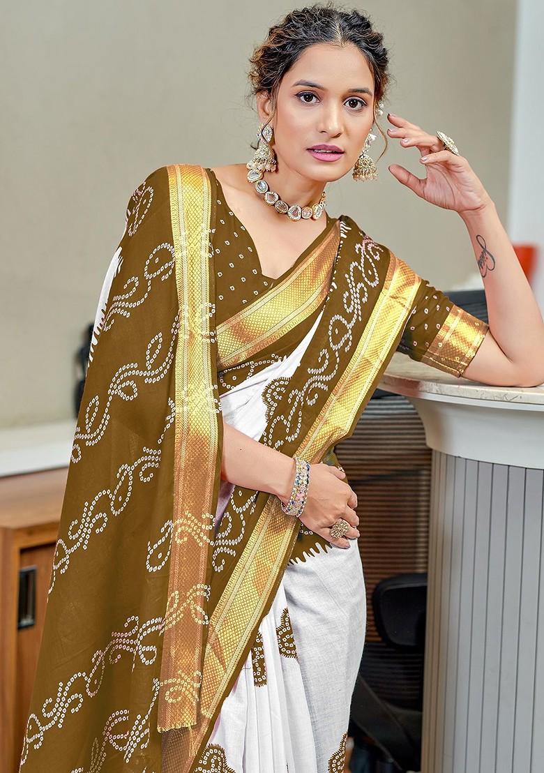 Olive Printed Blended Saree Set - Indya