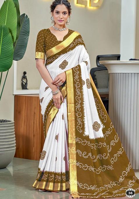 Olive Printed Blended Saree Set