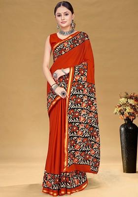 Orange Printed Blended Saree Set