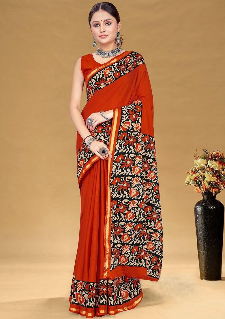 Orange Printed Blended Saree Set - Indya