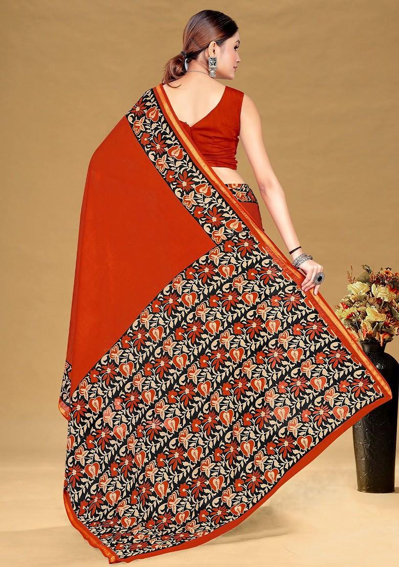 Orange Printed Blended Saree Set - Indya