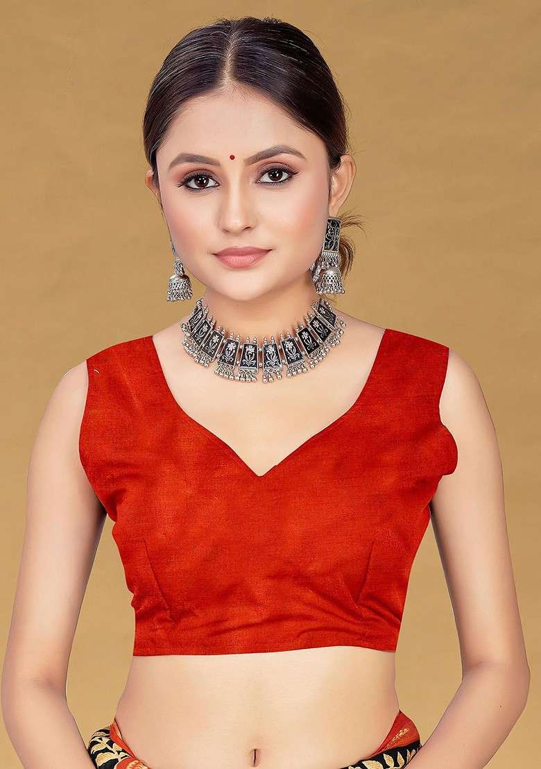 Orange Blended Saree Set with Printed for Diwali | Wedding & Festive Wear - Indya