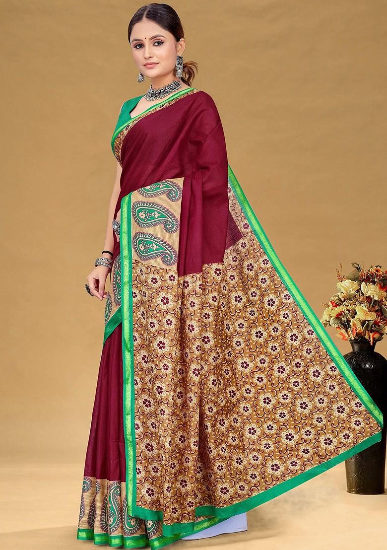 Maroon Printed Blended Saree Set - Indya