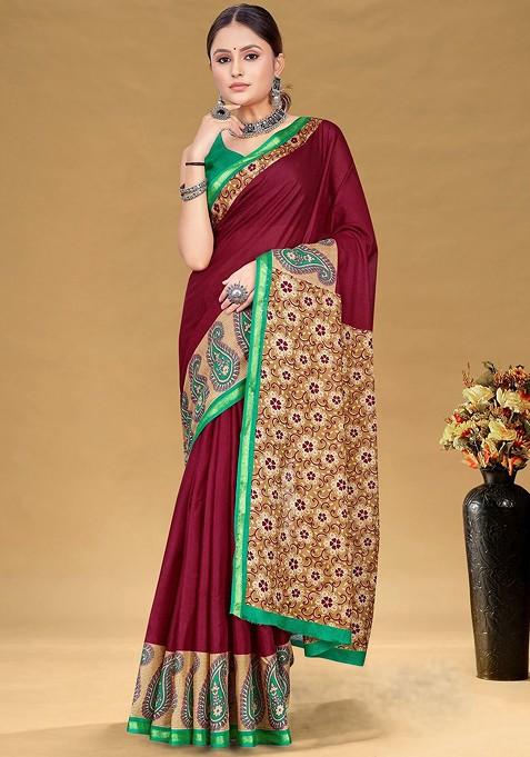 Maroon Printed Blended Saree Set