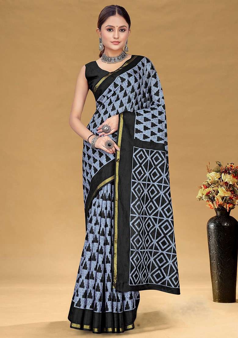 Grey Zari Blended Saree Set with Printed for Diwali | Wedding & Festive Wear - Indya