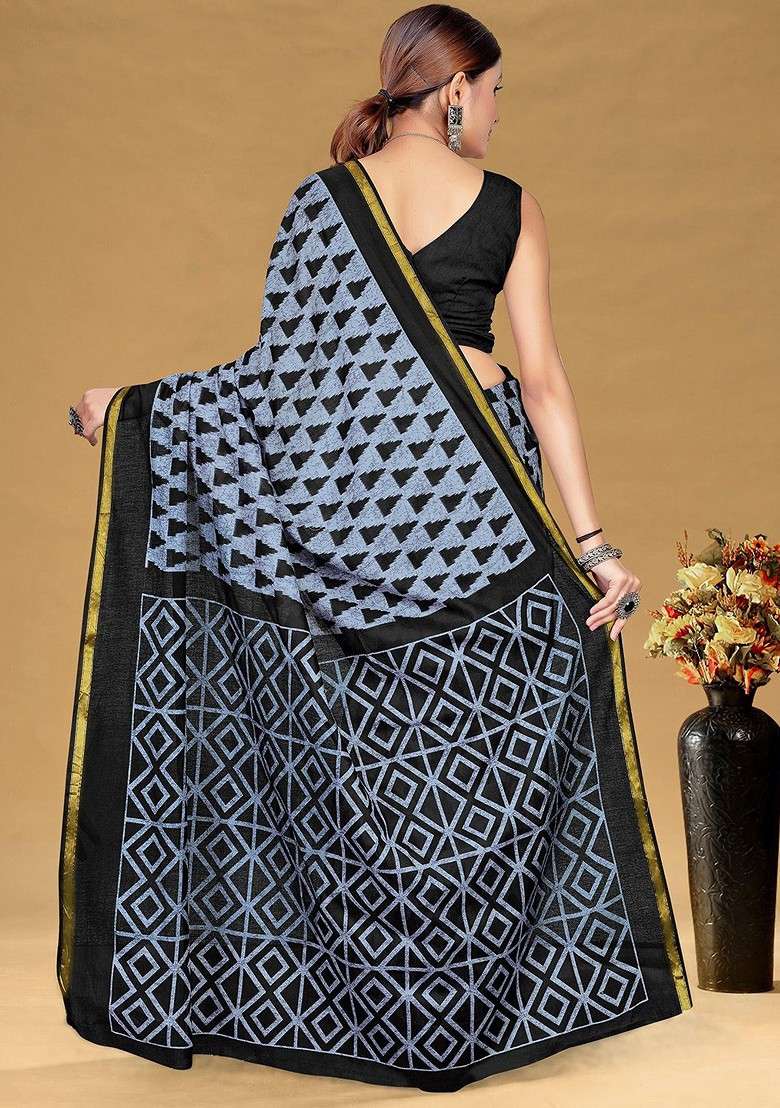 Grey Zari Blended Saree Set with Printed for Diwali | Wedding & Festive Wear - Indya