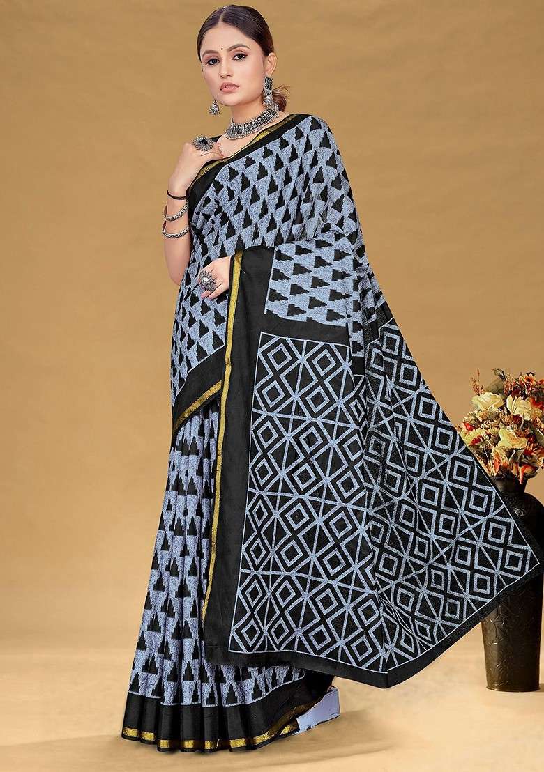 Grey Zari Blended Saree Set with Printed for Diwali | Wedding & Festive Wear - Indya
