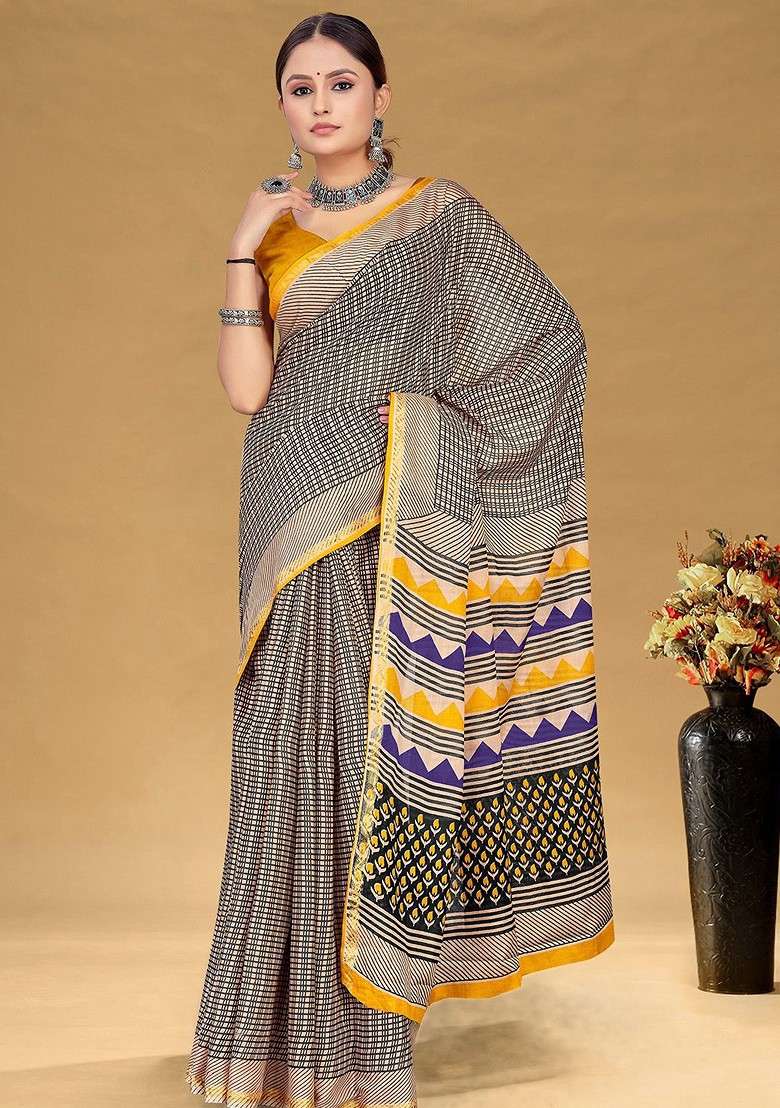 Beige Blended Saree Set with Printed for Diwali | Wedding & Festive Wear - Indya