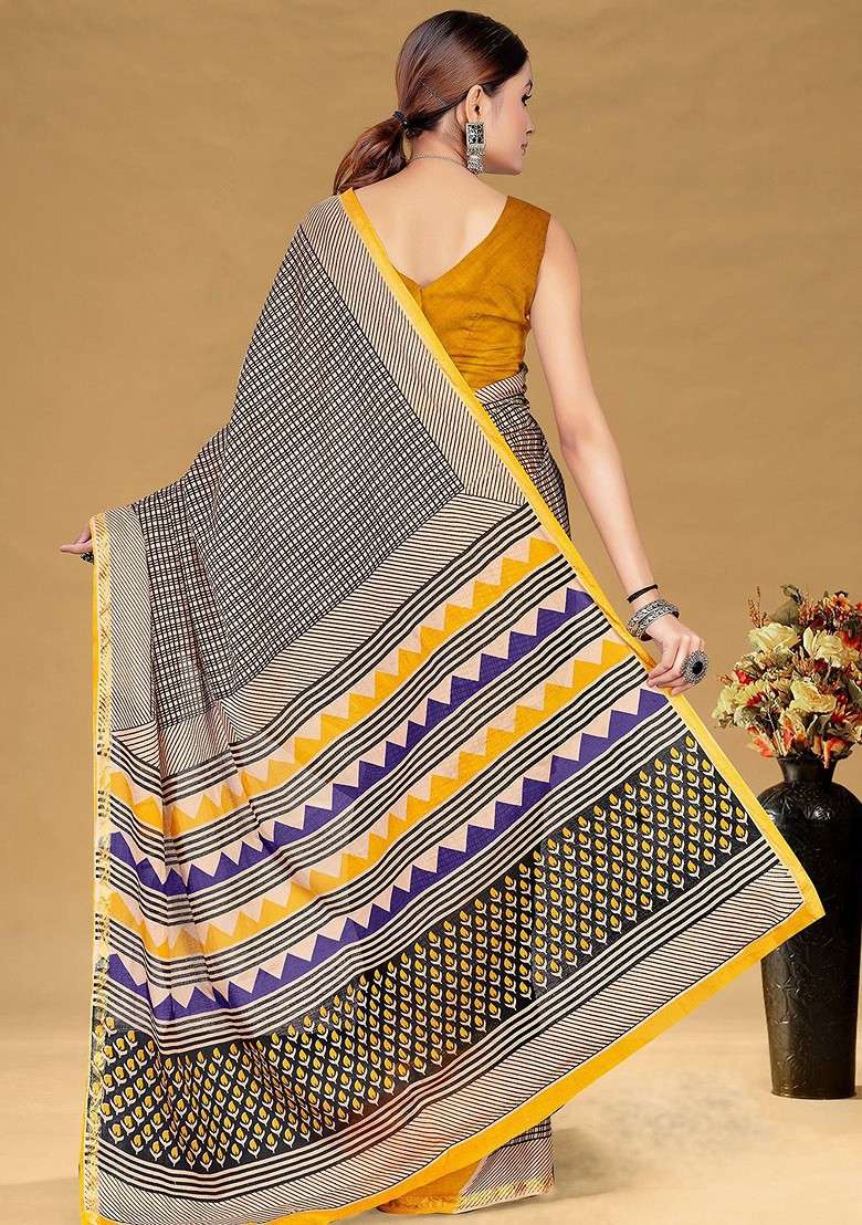 Beige Printed Blended Saree Set - Indya