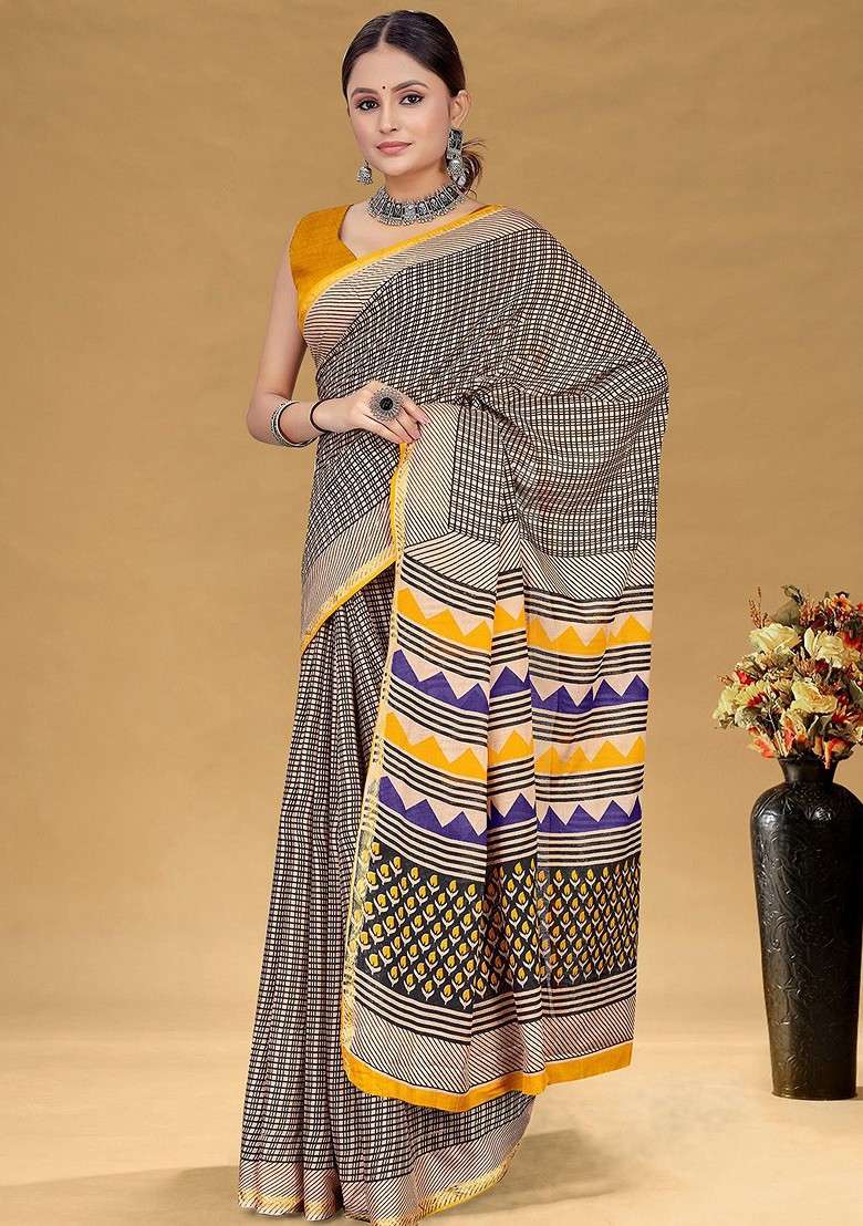 Beige Blended Saree Set with Printed for Diwali | Wedding & Festive Wear - Indya