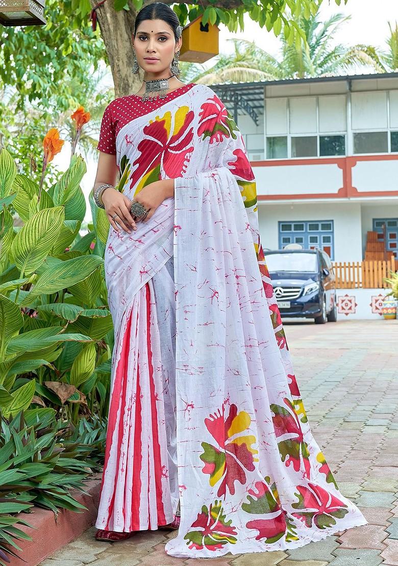 White Printed Blended Saree Set