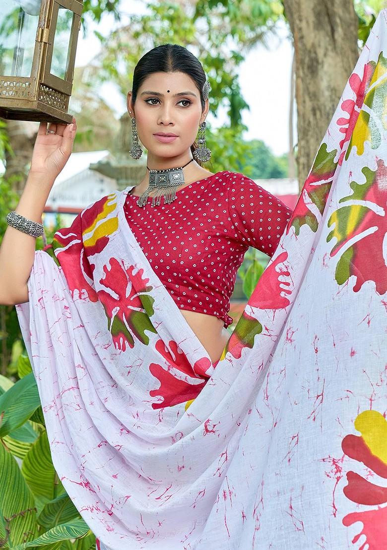 White Printed Blended Saree Set