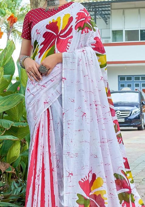 White Printed Blended Saree Set
