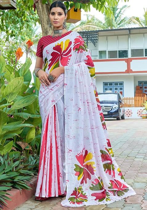 White Printed Blended Saree Set