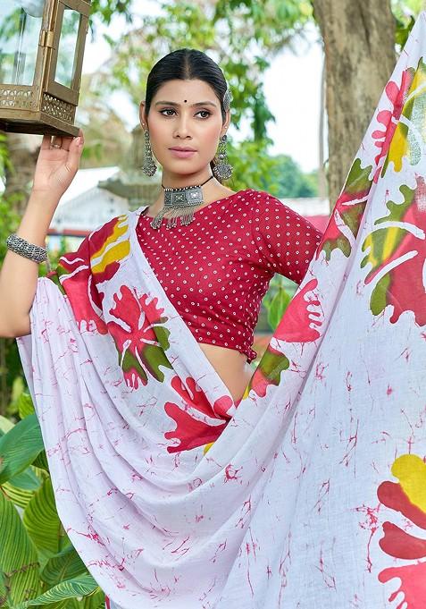 White Printed Blended Saree Set