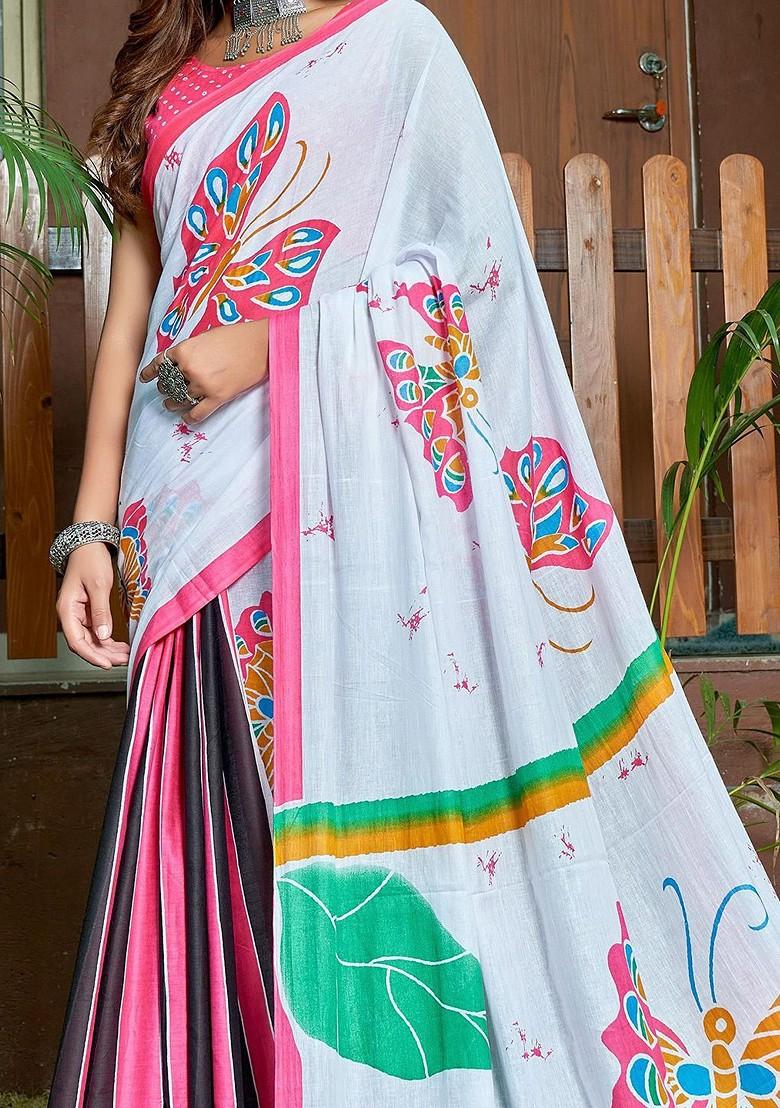White Printed Blended Saree Set - Indya