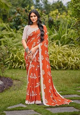 Orange Printed Blended Saree Set