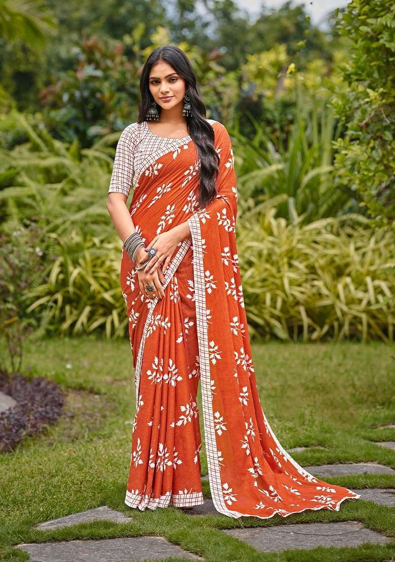 Orange Printed Blended Saree Set for Diwali and Festive Wear - Indya