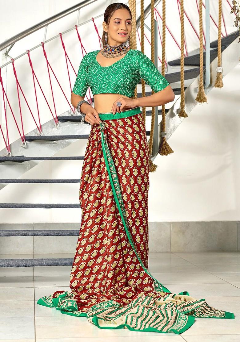 Red Printed Blended Saree Set - Indya