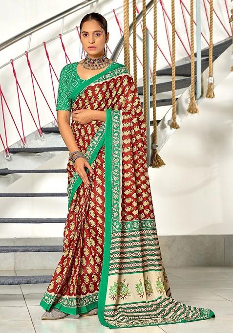 Red Printed Blended Saree Set