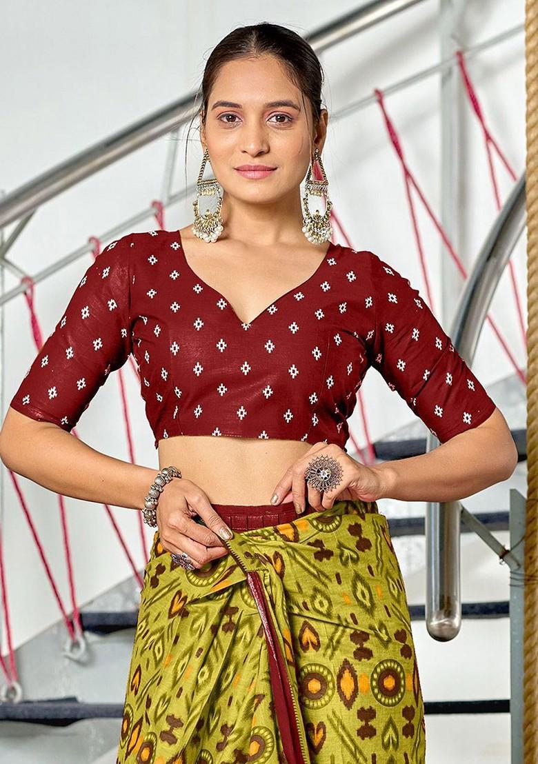 Olive Printed Blended Saree Set