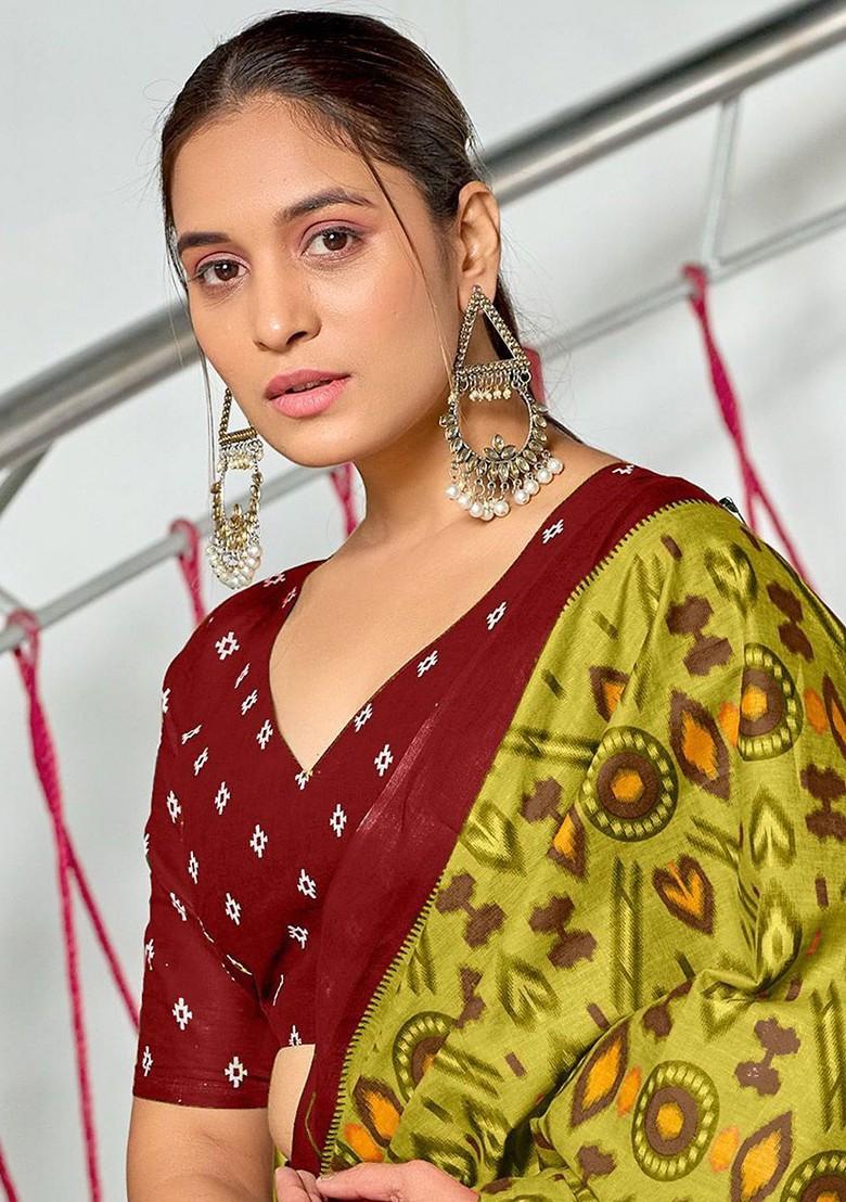 Olive Printed Blended Saree Set