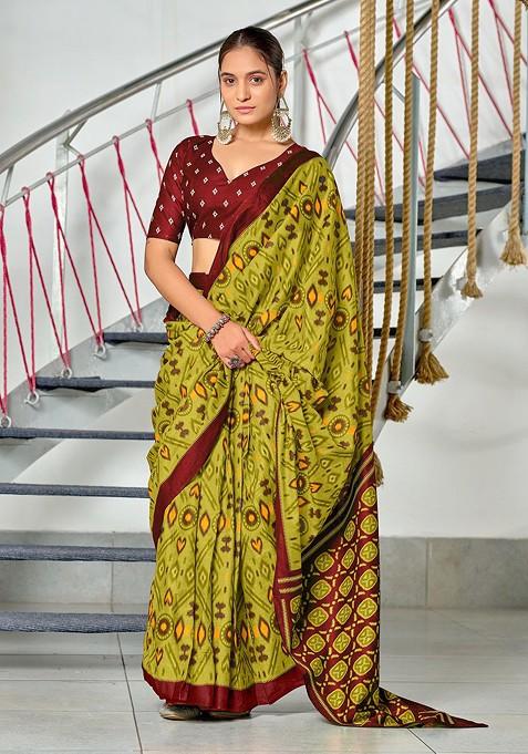 Olive Printed Blended Saree Set