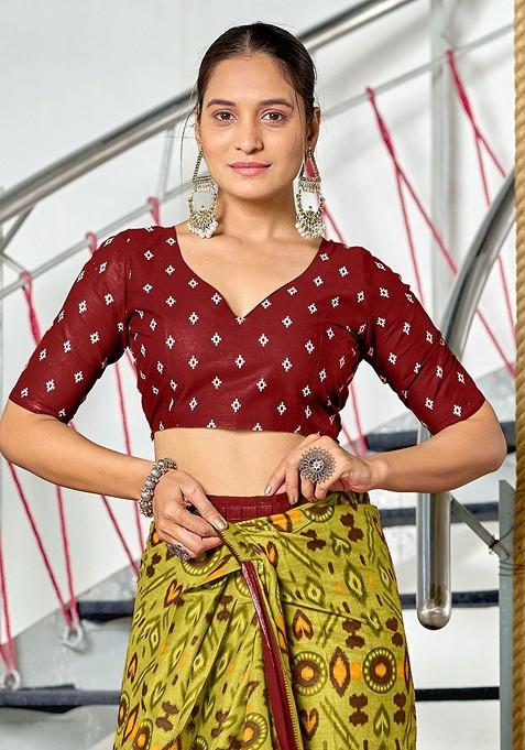 Olive Printed Blended Saree Set