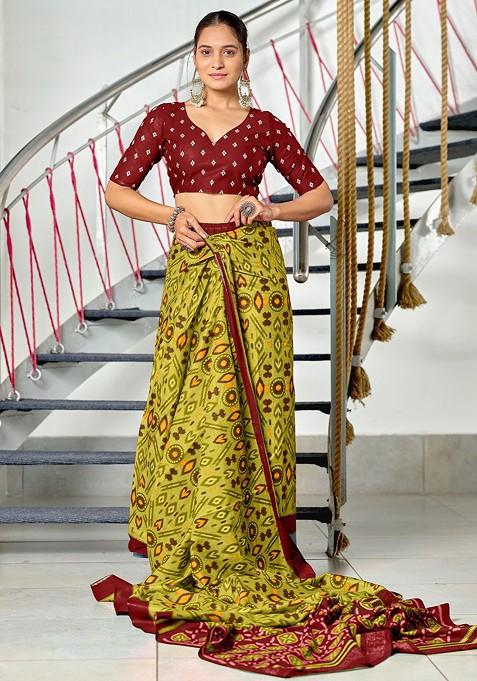 Olive Printed Blended Saree Set