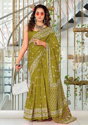 Olive Printed Blended Saree Set