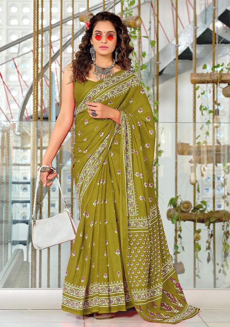 Olive Printed Blended Saree Set - Indya