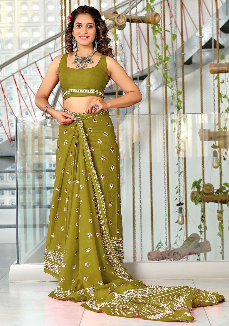 Olive Printed Blended Saree Set - Indya