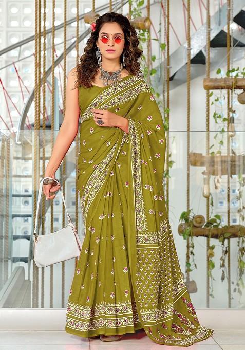 Olive Printed Blended Saree Set