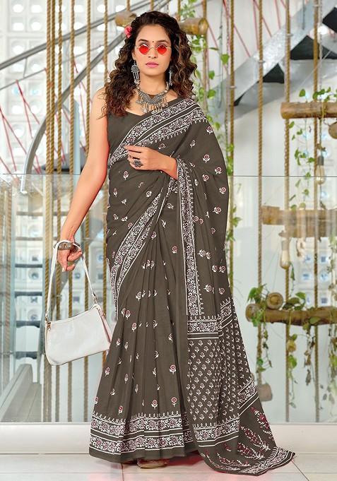 Charcoal Printed Blended Saree Set — view on Indya