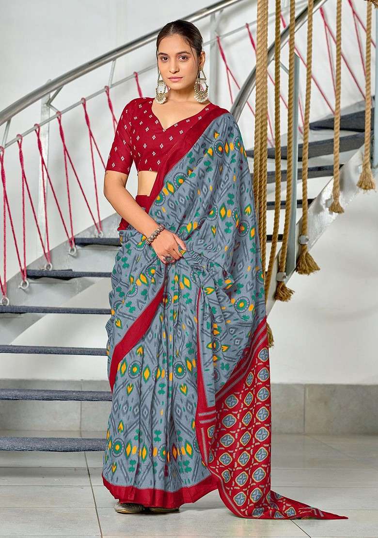 Grey Printed Blended Saree Set for Diwali and Festive Wear - Indya