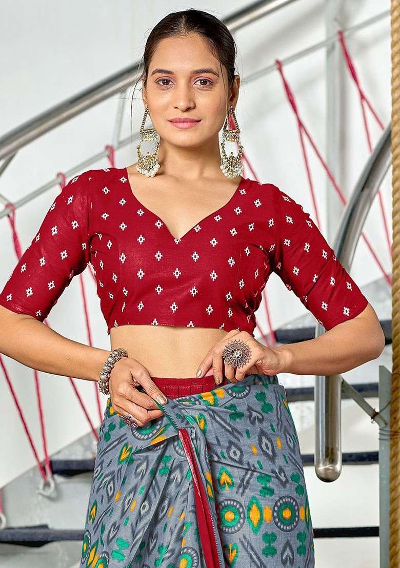 Grey Printed Blended Saree Set for Diwali and Festive Wear - Indya