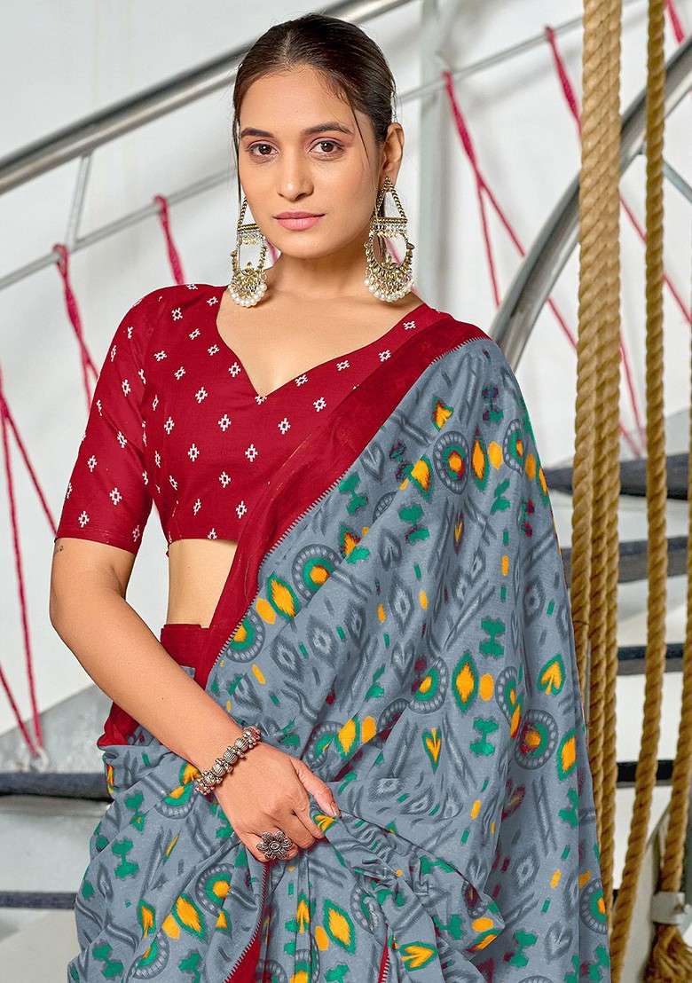 Grey Printed Blended Saree Set for Diwali and Festive Wear - Indya