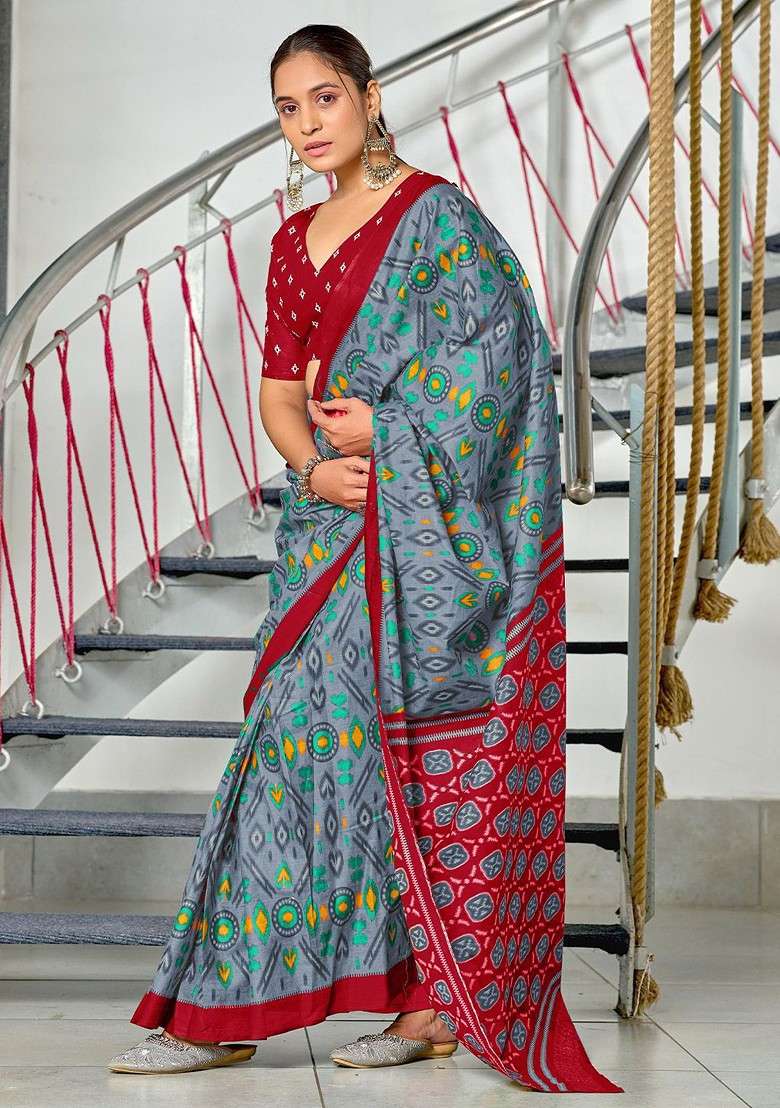 Grey Printed Blended Saree Set for Diwali and Festive Wear - Indya